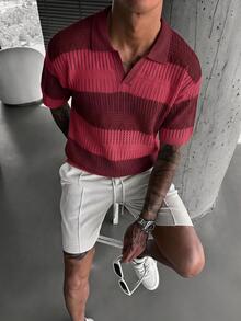 Manfinity Homme Men's Colorblock Short Sleeve Casual Hollow Knit Top - Red - View 2