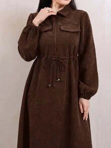 Veilorie 女款時尚綠色抽繩綁帶拉鍊半開襟長袖洋裝 - 咖啡棕 - 查看 3
