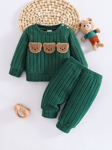 SHEIN 2件組韓式羅紋刷毛質感新生兒嬰兒套裝 卡通熊刺繡衛衣長褲套裝 可愛時尚紅色秋季日系風 - 墨綠色 - 查看 3