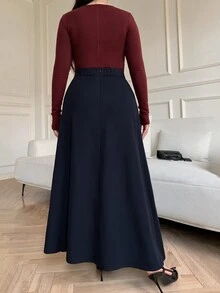 Modelyn Rok Lipit Elegan Pinggang Tinggi Warna Polos untuk Wanita Ukuran Plus - Navy Blue - View 2