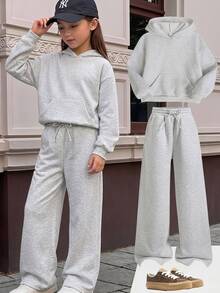 SHEIN 青少年女孩保暖運動套裝，寬鬆大號衛衣搭配寬腿運動長褲 2 件組，返校季 - 淺灰色 - 查看 11
