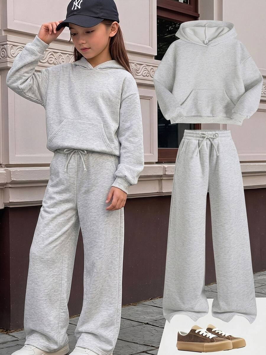 SHEIN Setelan Olahraga Termal untuk Remaja Perempuan, Sweatshirt Ukuran Besar dan Celana Panjang Lebar 2 Potong, Kembali ke Sekolah - Light Grey - View 1