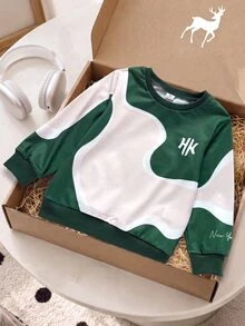 SHEIN Genkimix Kids 小男孩字母圖案拼接休閒日常長袖運動衫 - 綠色 - 查看 2
