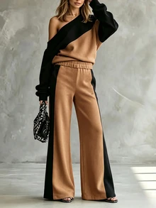 SHEIN LUNE Colorblock Asymmetrical Neck Drop Shoulder Sweatshirt & Pants - Coffee Brown - View 4