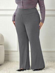 SHEIN CURVE+ Plus Size Ribbed Black Flare Pants, High Waist Stretch Slim Fit Trousers - Dark Grey - View 5