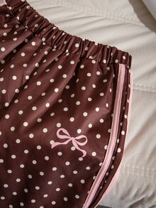 SHEIN Genkimix Kids 女童蝴蝶結波點外套套裝，棕色 2 件組，秋冬款，時尚織帶裝飾立領拉鍊夾克與休閒長褲 - 棕色 - 查看 3