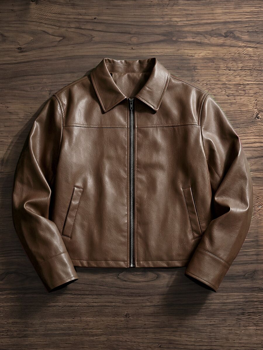 SWAVVY Men's Solid Color PU Leather Zipper Casual Versatile Daily Travel Long Sleeve Jacket - Brown - View 1