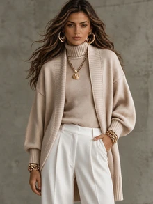 Balvessa Minimalist Commuter Loose Drop Shoulder Lantern Sleeve V-Neck Cardigan & High Neck Slim Fit Sleeveless Vest Layering Sweater 2 Pieces Set For Women - Apricot - View 7