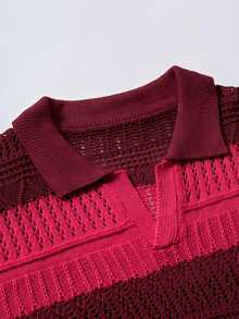 Manfinity Homme Men's Colorblock Short Sleeve Casual Hollow Knit Top - Red - View 4