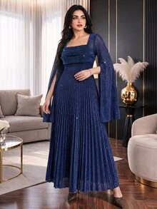 Modelyn Plus Size Women's Shiny Square Neck Pleated Casual Party Dress - Royal Blue - View 7