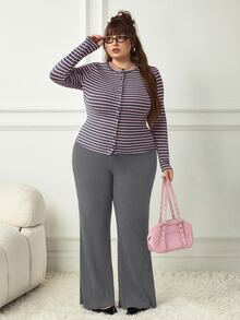 SHEIN CURVE+ Plus Size Ribbed Black Flare Pants, High Waist Stretch Slim Fit Trousers - Dark Grey - View 7