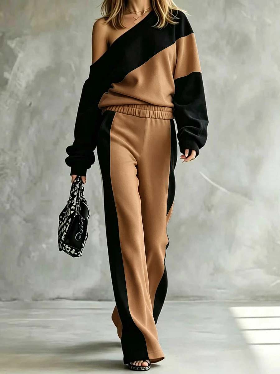 SHEIN LUNE Colorblock Asymmetrical Neck Drop Shoulder Sweatshirt & Pants - Coffee Brown - View 1