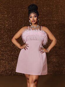 Maweii Plus Size Pink Sexy Fur Collar Sleeveless Spaghetti Strap Bodycon Slimming Dress - Pink - View 4