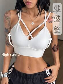 Coolane Women's Summer/Fall Sportswear Casual Gym Going Out Run Yoga Back Design White Sports Chest Pad Top - White - View 4
