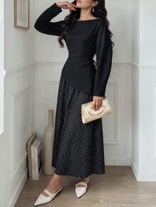 Veilorie Setelan Kasual 2 Potong Wanita: Atasan Lengan Panjang Warna Polos dan Rok Motif Polkadot - Hitam - View 3