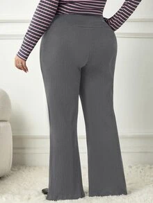 SHEIN CURVE+ Plus Size Ribbed Black Flare Pants, High Waist Stretch Slim Fit Trousers - Dark Grey - View 3