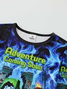 Tween Boys Pajamas 2-Piece Set, Autumn/Winter New Hot-Selling Cool Pattern All-Over Print With Positioned Graphic, Contrast Collar, Cuffs And Hem, High Elasticity Crew Neck Long Sleeve Top And Long Pants, Snug Fit, 1 Set, Size Runs Small, Please Order One Size Up - Black - View 5