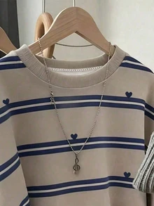 青少年女孩美式風格圓領運動衫，卡其色愛心海軍藍條紋印花，舒適女孩冬季穿搭，冬季長袖上衣，保暖冬季運動衫 - 彩色 - 查看 4