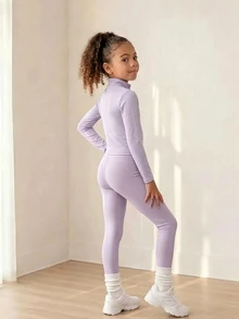 SHEIN 女童時尚休閒藍色3件套，時尚舒適高彈力，適合運動、健身、戶外活動、購物等，秋冬款 - 淡紫色 - 查看 2