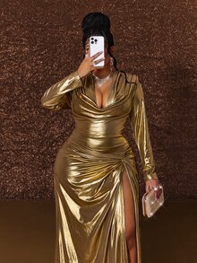 Maweii Plus Size Hooded Ruched Slimming Long Sleeve Elegant Banquet Dress - Gold - View 3