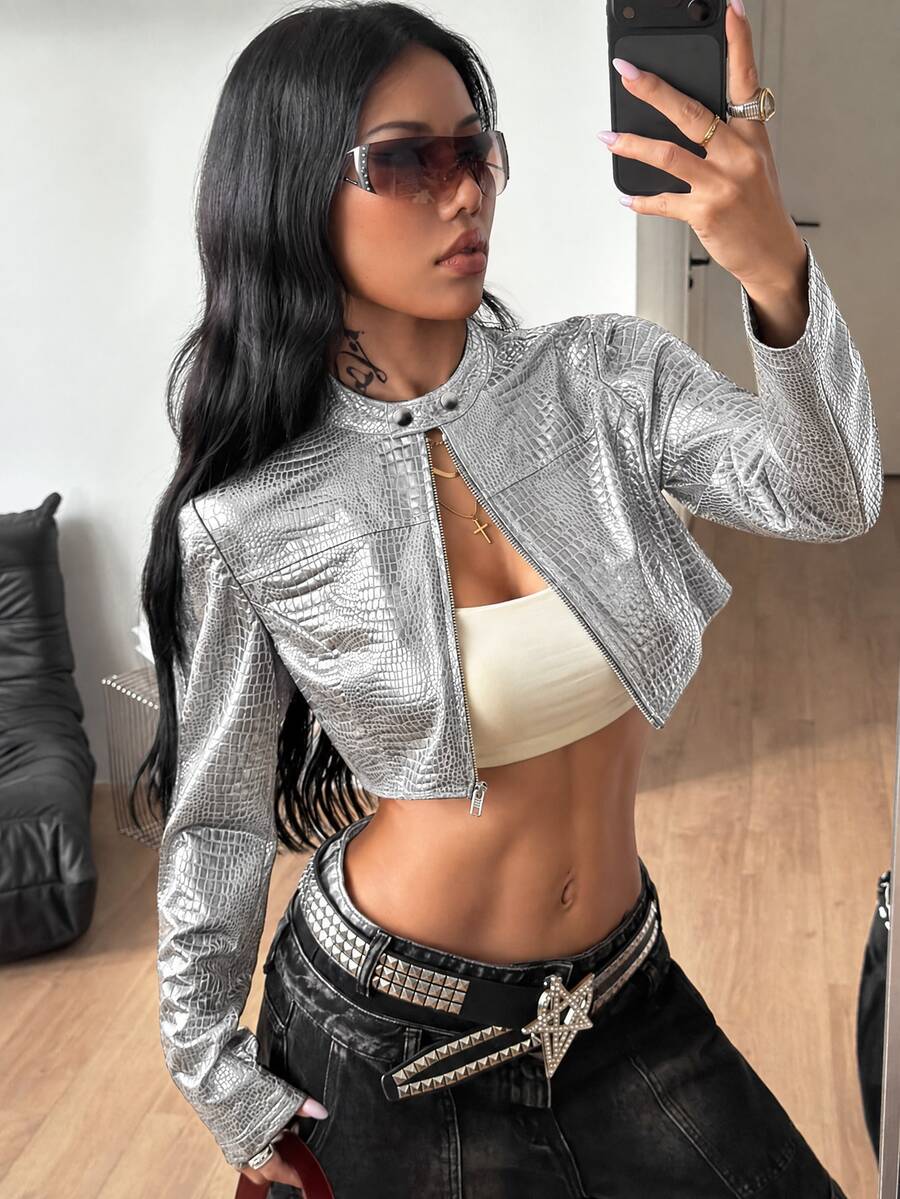 Coolane 女款秋冬街頭風休閒 Y2K 派對龐克搖滾風彈性拉鍊黑色修身長袖短版夾克 - 白色 - 查看 1