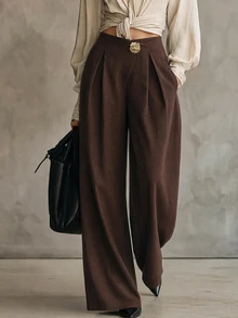 SHEIN Women's Office Commute Party High Waist Wide Leg Pants Gold Floral Metal Buckle Suit Trousers - Brown - View 1
