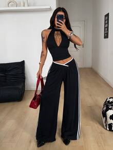 Coolane 女款夏秋休閒外出優雅健身瑜伽彈性V領掛脖黑色背心 - 黑色 - 查看 4