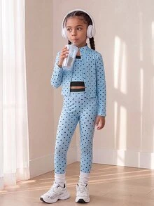 SHEIN 少女時尚休閒藍色三件套，時尚舒適高彈性，適合運動、健身、戶外活動、購物等多種場合 - 淺藍色 - 查看 5