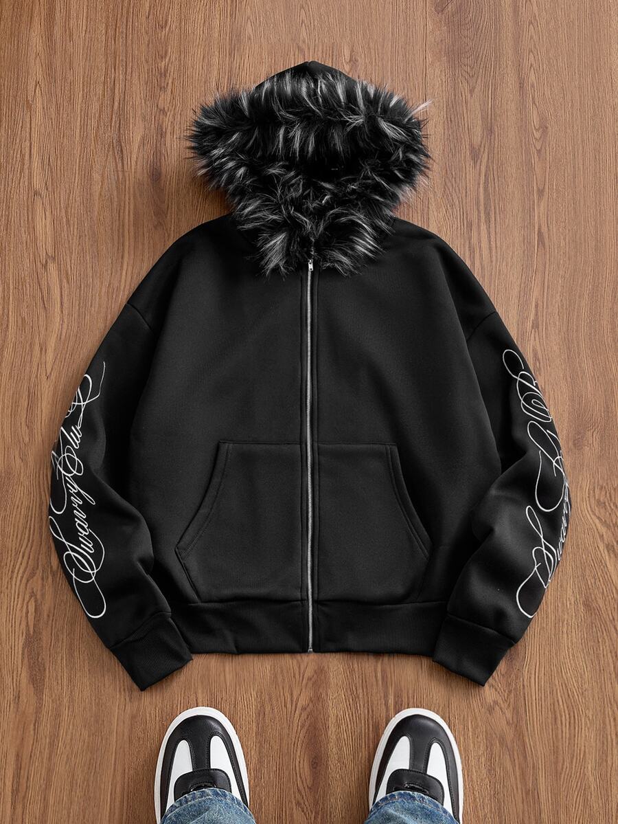 SWAVVY Men's Knitted Fashion Casual Loose Fit Long Sleeve Hoodie With English Embroidery - Black - View 1