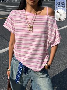Coolane 女款露肩條紋休閒日常穿著T恤 - 粉色 - 查看 6