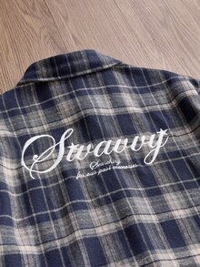 SWAVVY Men's Casual Plaid Embroidered Button-Up 2 In 1 Shirt - Blue - View 2