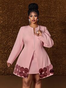 Maweii Plus Size Long Sleeve V-Neck Sweet Sequin Elegant Blazer Suit Set - Pink - View 5