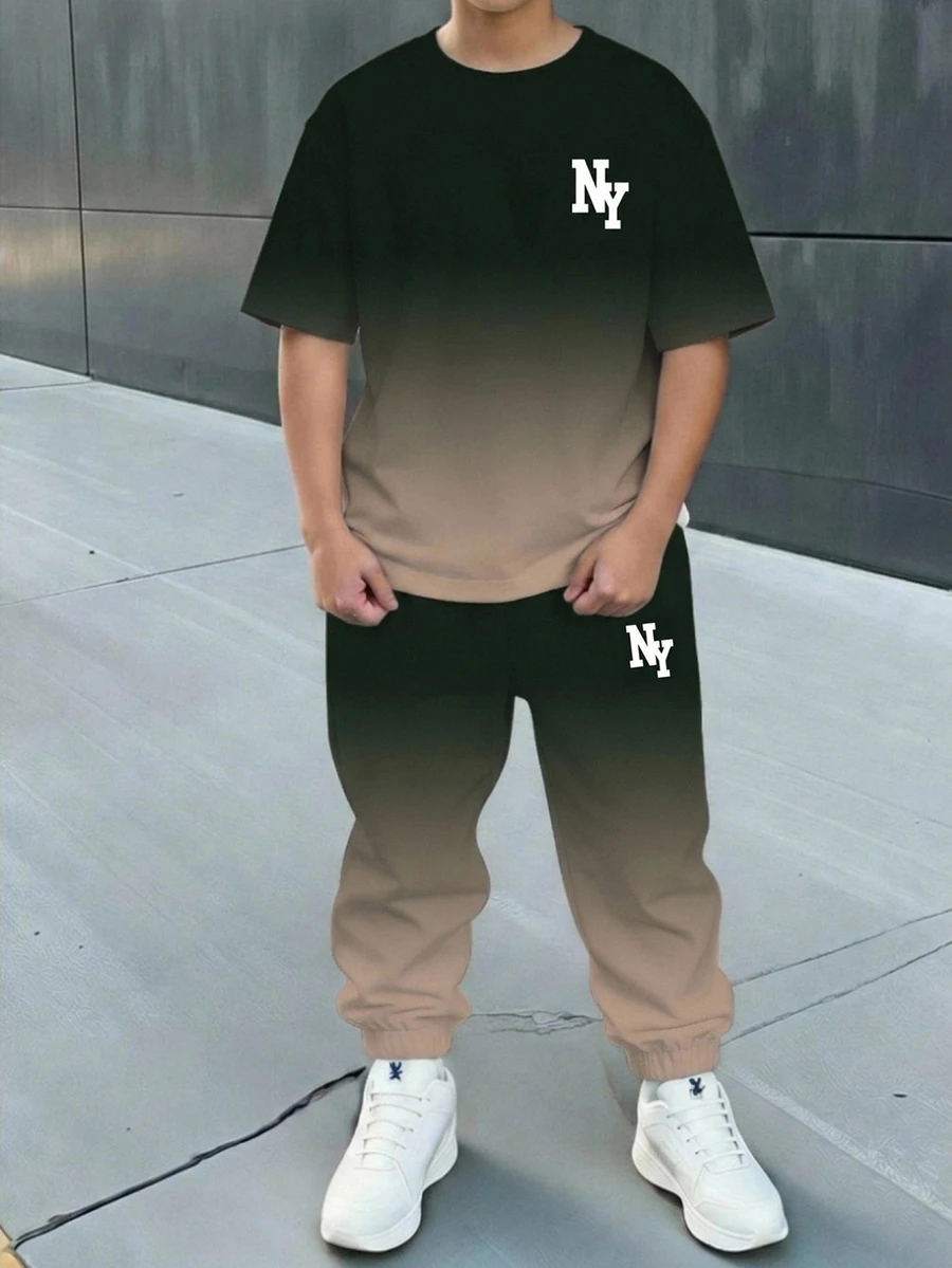 青少年男孩休閒舒適時尚簡約圓領短袖T恤與長褲套裝 - 彩色 - 查看 1