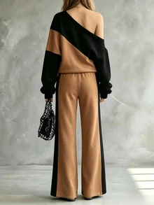SHEIN LUNE Colorblock Asymmetrical Neck Drop Shoulder Sweatshirt & Pants - Coffee Brown - View 2