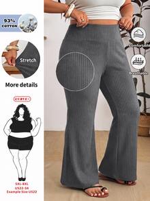 SHEIN CURVE+ Plus Size Ribbed Black Flare Pants, High Waist Stretch Slim Fit Trousers - Dark Grey - View 1