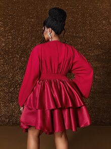 Maweii Plus Size Elegant Princess Style V-Neck Long Sleeve Puff Skirt Cinched Waist Short Women's Dress Fall - Red - View 6