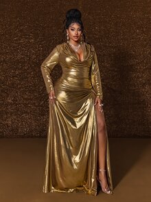 Maweii Plus Size Hooded Ruched Slimming Long Sleeve Elegant Banquet Dress - Gold - View 4