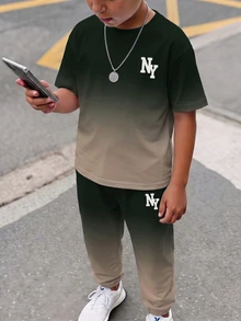 青少年男孩休閒舒適時尚簡約圓領短袖T恤與長褲套裝 - 彩色 - 查看 4