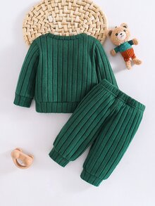 SHEIN 2件組韓式羅紋刷毛質感新生兒嬰兒套裝 卡通熊刺繡衛衣長褲套裝 可愛時尚紅色秋季日系風 - 墨綠色 - 查看 4