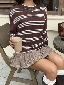 Sweetra Sweater Kasual Lengan Panjang Kerah Bulat Bergaris Kontras Cokelat & Putih - MultiWarna - View 8