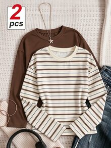 Tween Girl Round Neck Long Sleeve Casual Versatile T-Shirt - Brown - View 1