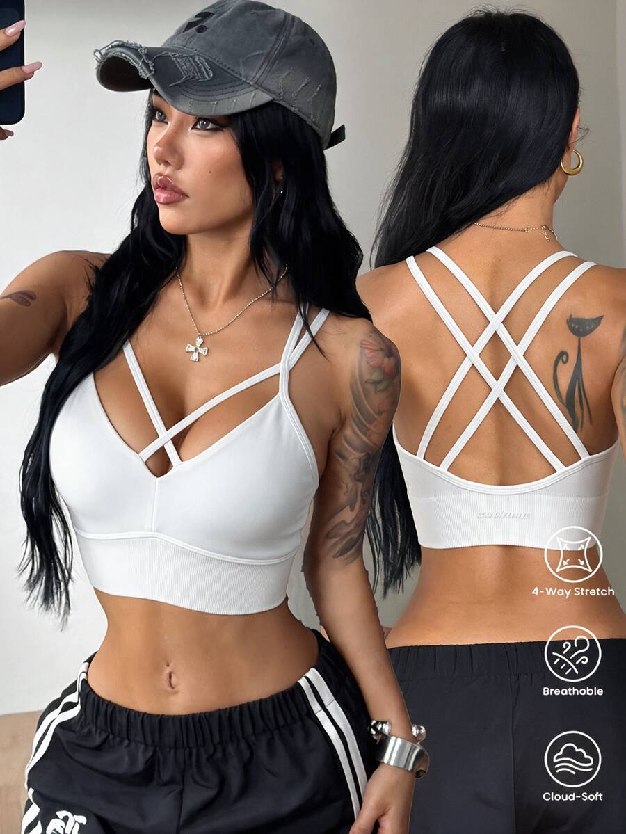 Coolane Women's Summer/Fall Sportswear Casual Gym Going Out Run Yoga Back Design White Sports Chest Pad Top - White - View 1