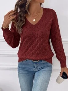SHEIN Clasi 女款純色鏤空V領落肩長袖休閒針織衫 - 酒紅色 - 查看 3