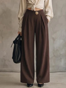 SHEIN Women's Office Commute Party High Waist Wide Leg Pants Gold Floral Metal Buckle Suit Trousers - Brown - View 4