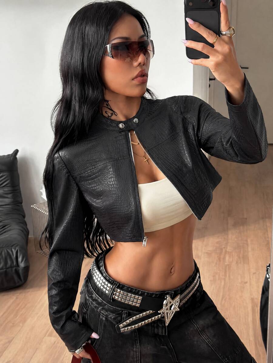 Coolane 女款秋冬街頭風休閒 Y2K 派對龐克搖滾風彈性拉鍊黑色修身長袖短版夾克 - 黑色 - 查看 1