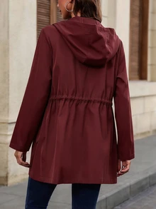 SHEIN 女款春秋休閒抽繩收腰連帽工作夾克，秋冬外套 - 酒紅色 - 查看 2