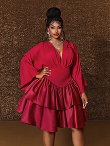 Maweii Plus Size Elegant Princess Style V-Neck Long Sleeve Puff Skirt Cinched Waist Short Women's Dress Fall - Red - View 2