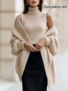 Balvessa Minimalist Commuter Loose Drop Shoulder Lantern Sleeve V-Neck Cardigan & High Neck Slim Fit Sleeveless Vest Layering Sweater 2 Pieces Set For Women - Apricot - View 1
