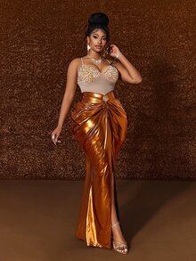 Maweii Gaun Malam Pas Badan Berpayet Elegan Ukuran Plus untuk Wanita, Pesta Liburan - Jeruk - View 5