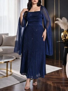 Modelyn Plus Size Women's Shiny Square Neck Pleated Casual Party Dress - Royal Blue - View 4